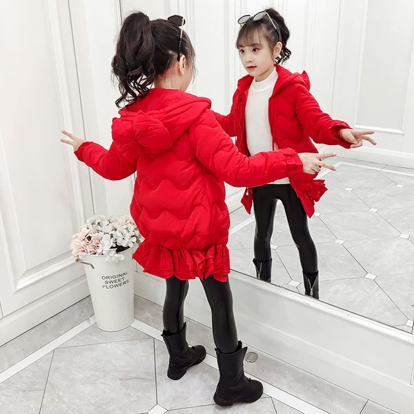 

girls winter coat fashion korean kids bow fish tail cotton padded jacket long hooded children's thicken outerwear coats, Blue;gray