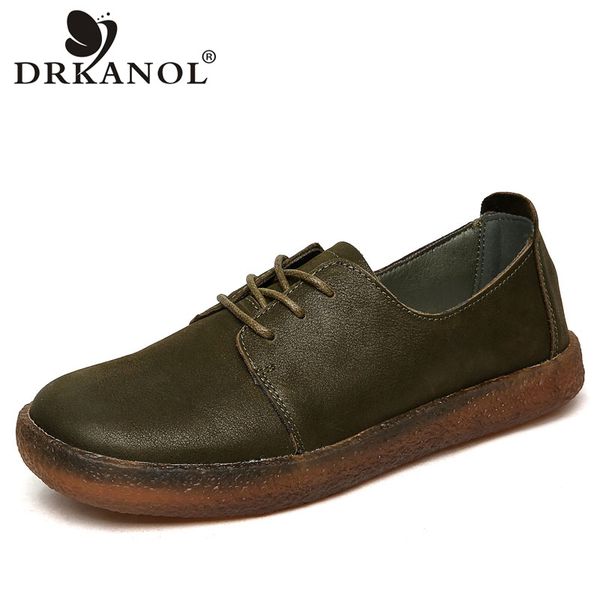 

drkanol handmade genuine leather oxford shoes for women flat shoes spring lace up round toe non slip leather footwear, Black