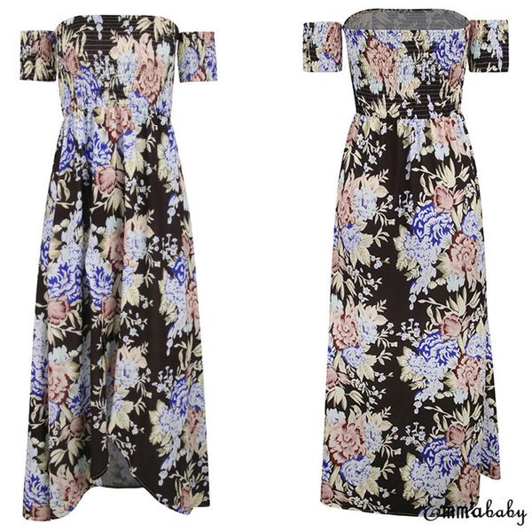 

women boho short sleeve summer dress 2018 casual off-shoulder beach holiday maxi dresses floral print long dress female vestidos, Black;gray