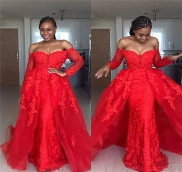 

charming red mermaid evening dresses overskirt long sleeves lace prom gowns off the shouder zip back plus size mother dress, Black;red