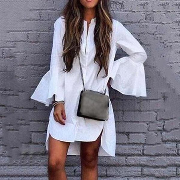 

fashion flare sleeve shirt dress hem irregular long vadim loose womens v-neck and blouses mujer de moda roupa feminina, White