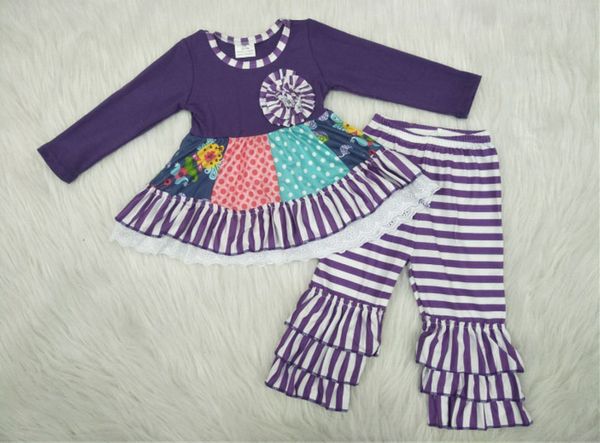

purple cotton sleeve patchwork match pants outfits girls clothing sets, White