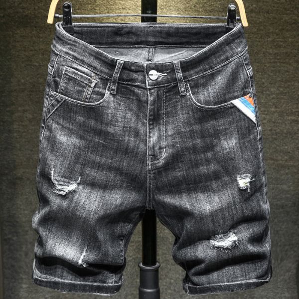 

voreloce brand dark gray hole men's casual denim shorts 2020 summer new letter printing youth fashion trend high street shorts, Blue