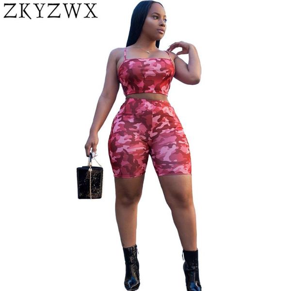 

zkyzwx sexy плюс размер спагетти газа два piece set summer камуфляж шорты комплект женщины с плечом crop top + шорты 2pcs эпикировка, Gray