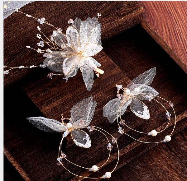 

new korean wedding dress with super-immortal wedding dress hair decoration mori series immortal hairpin earrings wedding decorations, Slivery;golden