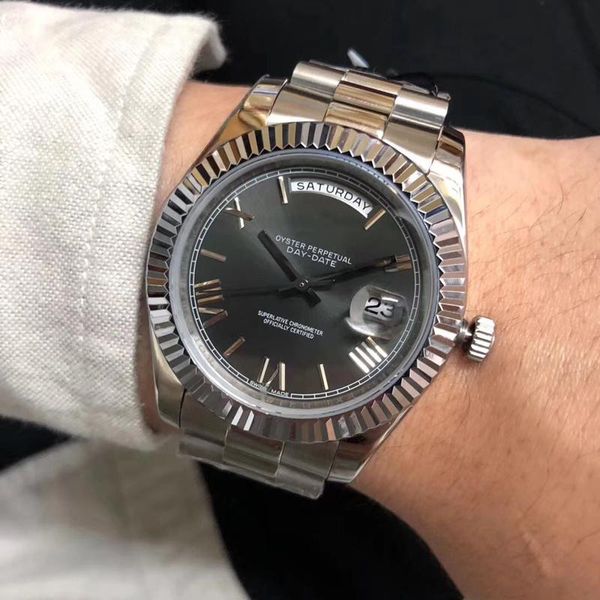 

u1 factory 2019 mens watch day-dat gray rome number face big date automatic mechanics watch sapphire glass stainless steel mens watch box, Slivery;brown