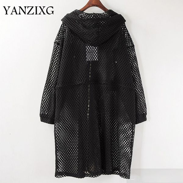 

new spring 2019 fashion black big size net mesh drawstring waist hooded hollow thin loose windbreaker women l050, Tan;black