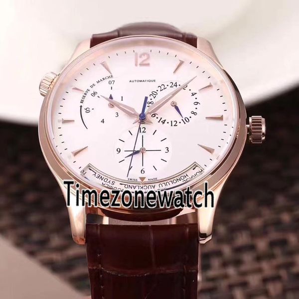 Novo Master Control Master Geographic Q1428421 Automatic Mens Watch Rose Dial Gold Daydate Curta de couro marrom Sports Watches TimeZoneWatch