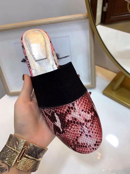 

spring new style woman round toe snake flat slippers femal mixed color flip flops ladies brand style elastic band slippers, Black