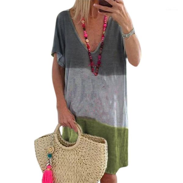 

sleeve loose color block fashion tshirt dress famale casual clothes v neck striped womens dress short, Black;gray