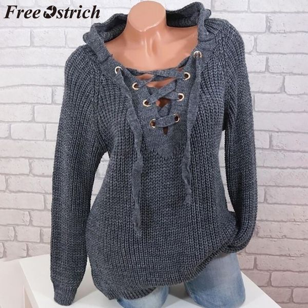 

ostrich sweater women long sleeve hooded cross lace knit solid popular autumn and winter sweaters women invierno 2019, White;black