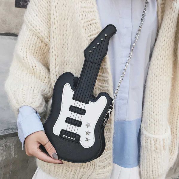 

3d guitar design shoulder bag women cute chains pu leather messenger bag girls color matching ladies purse tote crossbody bags