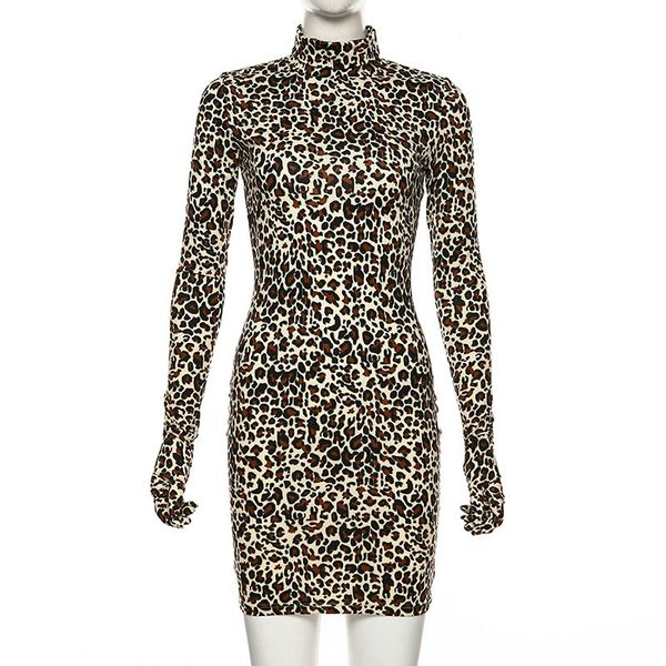 

februaryfrost women leopard bodycon party dress with gloves fashion slim long sleeve skinny clubwear mini dress, White;black