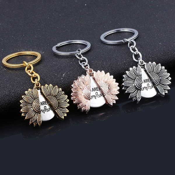 

multicolor sunflower keychain custom you are my sunshine letter key chain open locket sun flower pendant keyring, Silver