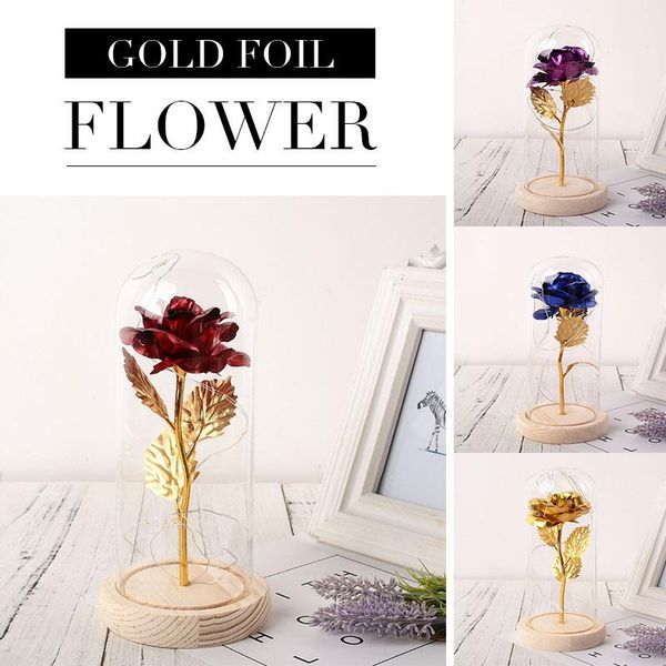 

rose flower gold foil rose eternal flower immortality romantic led luminous glass cover flowers valentine's day party gift
