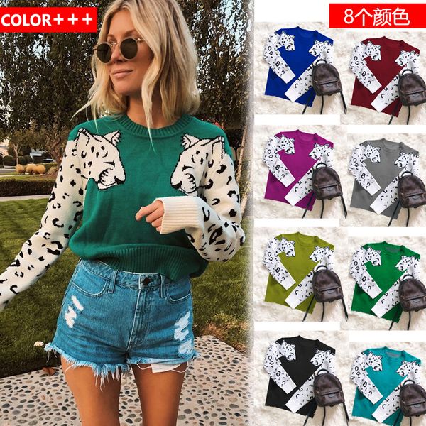 

2019 autumn and winter european new sweater arm leopard pattern knit long sleeve pullover sweater, support mixed batch, White;black