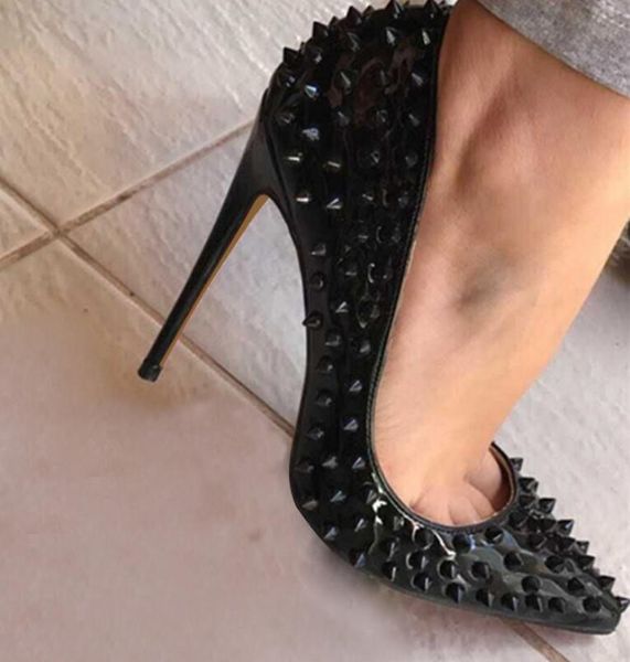 

brand women punps high heel shoes rivets pumps real leather women wedding shoes thin heel 12cm 10cm 8cm 35-44 box, Black