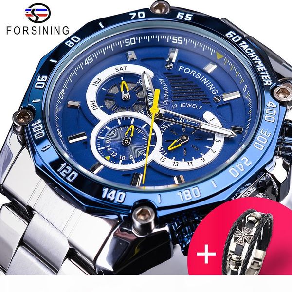 

часы forsining часы set + браслет сочетание синего календарь 3 циферблатов silver из нержавеющей стали автоматических механических часов для, Slivery;brown