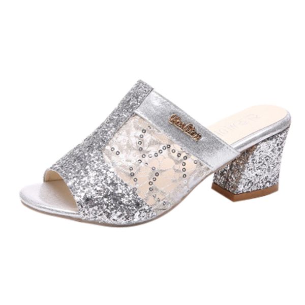 

women's slippers high heels shoes lady fashion slip on high heel peep toe crystal slipper casual female shoes, Black