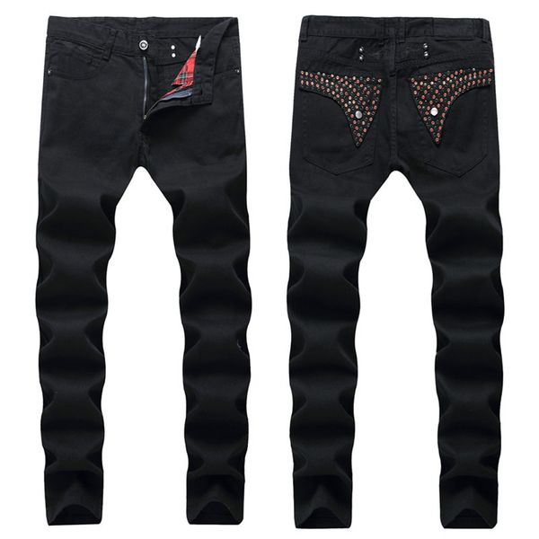 

rhinestone mens designer jeans fashion panelled regular straight zipper fly mens jeans casual high male clothing, Blue