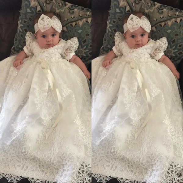 

vintage baby christening dresses lace baptism outfits formal infant girl wear with head pieces in stock, White