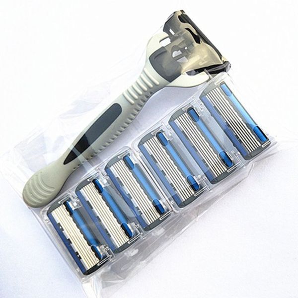 

6 layers razor 1 razor holder + 7 blades replacement shaver head cassette shaving set blue face knife for man