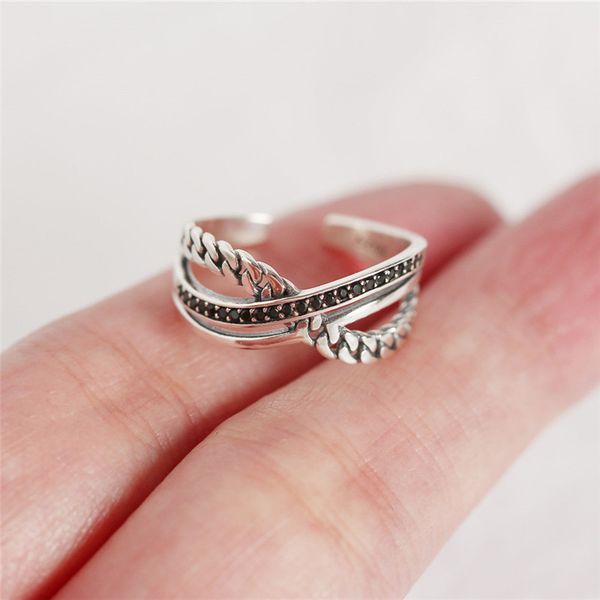 

925 sterling silver ring vintage ring multi-layer cross chain with black opening jewelry for female banquet wedding girlfriend, Golden;silver