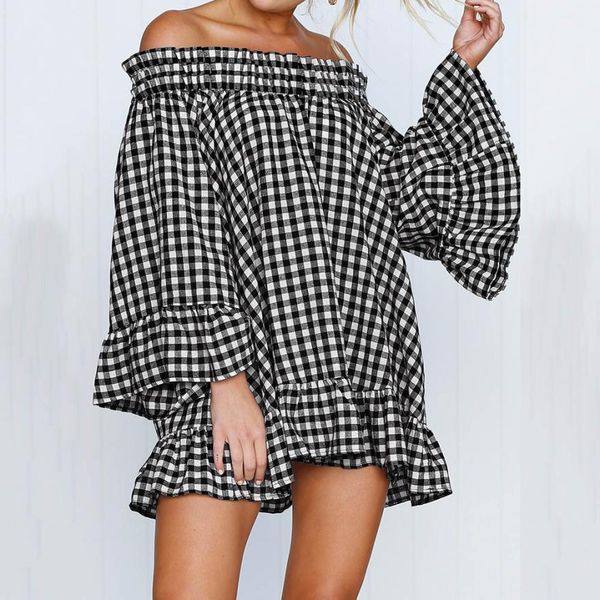 

KANCOOLD Dress Women fashion Off Shoulder Long Sleeve Lattice Mini Dress Ladies Casual Loose Party Dress women 2018AUG9