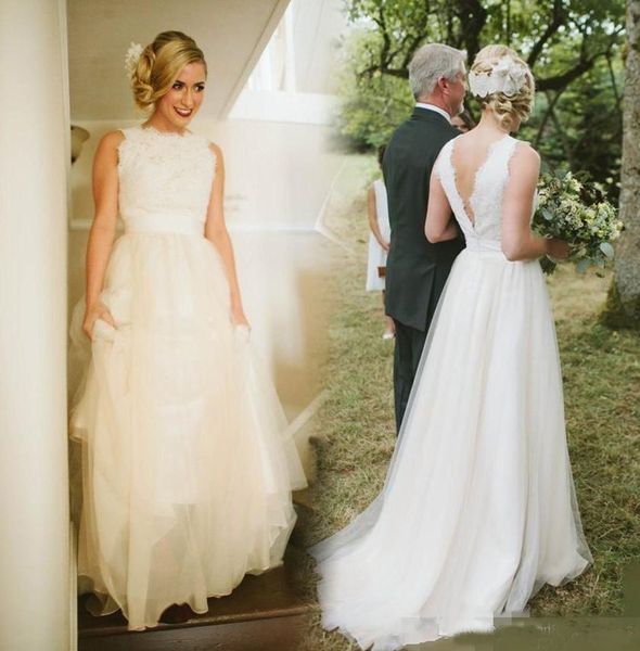 

2019 Country Sexy Lace Wedding Dresses Cheap Plus Size Long Sweep Train Pleats Backless Bridal Ball Gowns Sleeveless A-Line Wedding Dress