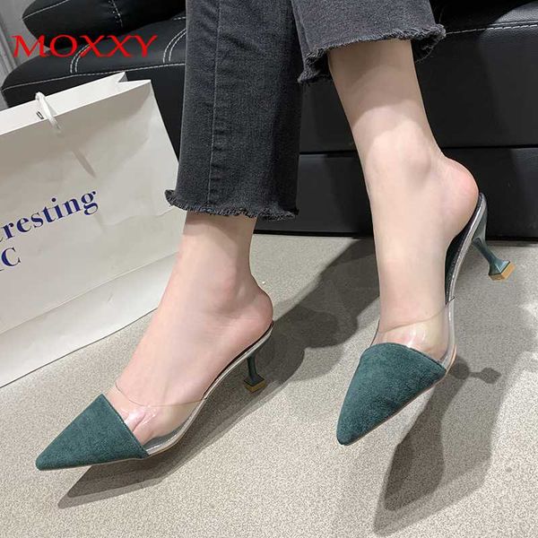 

mules shoes women high heels pointed toe slippers slides 2020 summer fashion black green suede mules house stiletto slippers