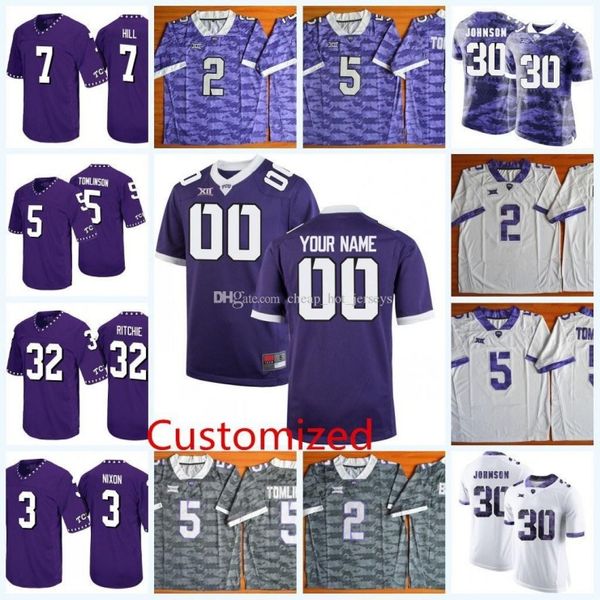 Uomini Custom TCU Horned Frogs Calcio Bianco grigio viola Jersey Cucito Qualsiasi Nome Numero 3 Shawn Robinson 10 Michael Collins 1 Jalen Reagor