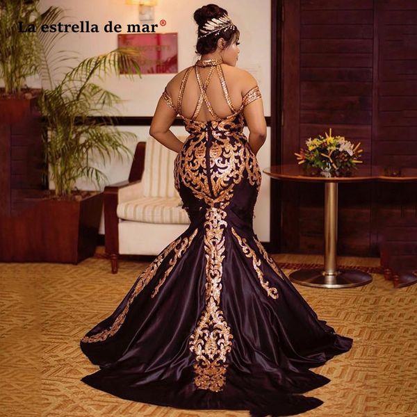 

dubai luxury evening dress new fuchsia satin golden appliquÃ© off shoulder mermaid african prom gowns dress occasion special, White;black