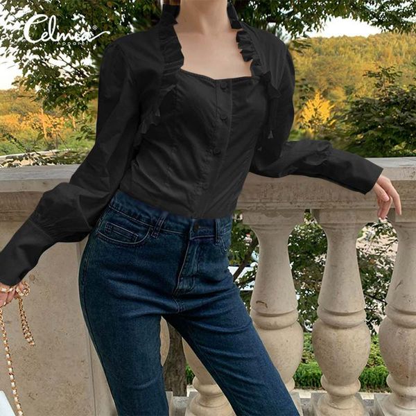 

2020 plus размер мода ruffles блузка женщины celmia твердая с длинным рукавом туники top casual square воротник рубашки элегантная работа bl, White