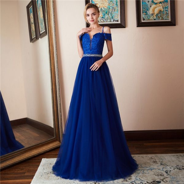 

2020 royal blue a line long prom gowns lace applique spaghetti straps evening gowns elegant formal gowns, Black