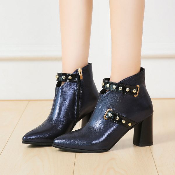 

winter boots lady ankle booties women shoes zipper luxury designer 2020 low high heel pointy rubber fashion leather ladies, Black