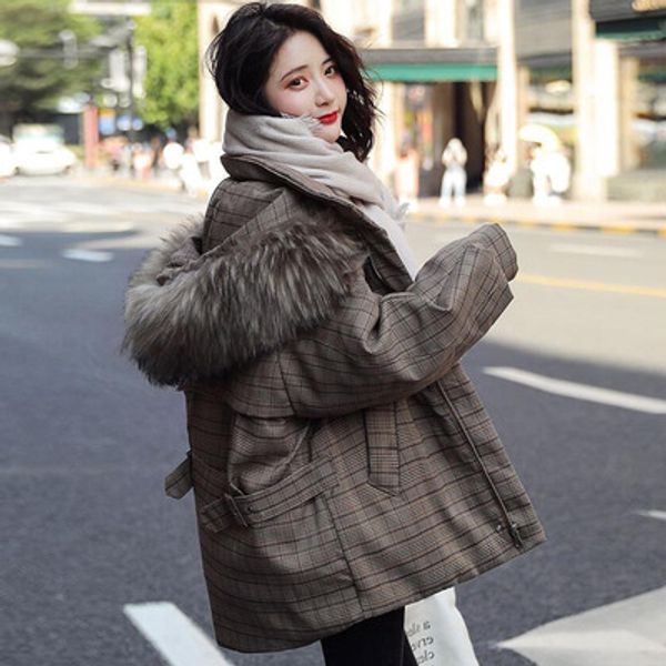 

winter vintage plaid cotton hooded coat women parka 2019 brand new loose korean style thickening streetwear winter cotton jacket, Black