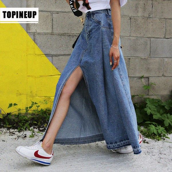 

high waist slim ladies long denim skirts vintage autumn jeans skirts saias mulher, Black