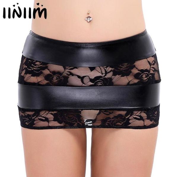 

skirts iiniim womens ladies pole dancing club miniskirts leather lace splice bodycon mini skirt clubwear summer parties costumes, Black