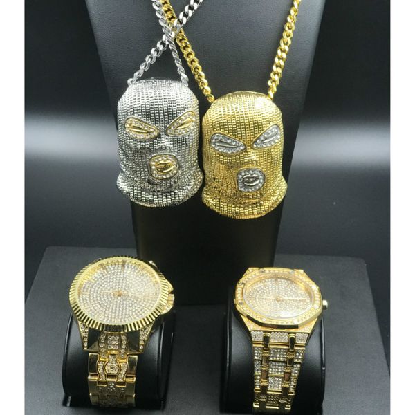 

luxury gold hip hop watch diamond men pendant necklace combo set iced out watch & goon necklacecombo set, Slivery;brown