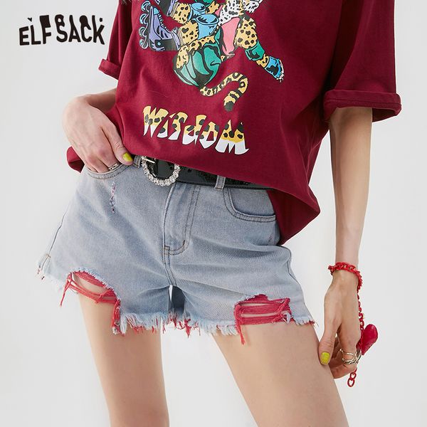 

elf sack 2019 summer hole denim shorts fashion streetwear ripped jeans for women mid waist straight korea female shorts, Blue