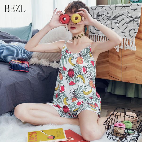 

bzel new white cotton pajamas set elastic waist shorts women two piece sets flora fruit pattern v-neck summer kawaii pyjama suit, Blue;gray