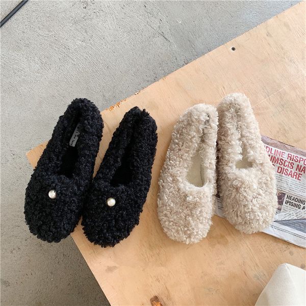 

pearl decorateion round toe women shoes autumn loafers fur slip-on 2019 fashion women's shallow mouth casual female sneakers, Black