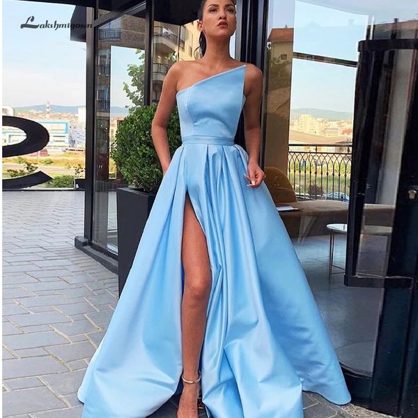 

women dress party evening gowns high side split blue satin long prom dresses with packets 2020 vestido longo, White;black