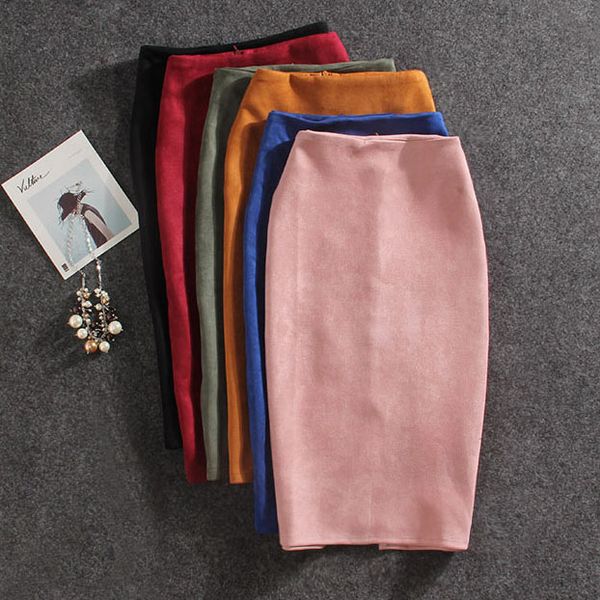 

2019 women skirts suede split thick stretchy skirt female pencil skirts plus size jupe femme faldas mujer, Black