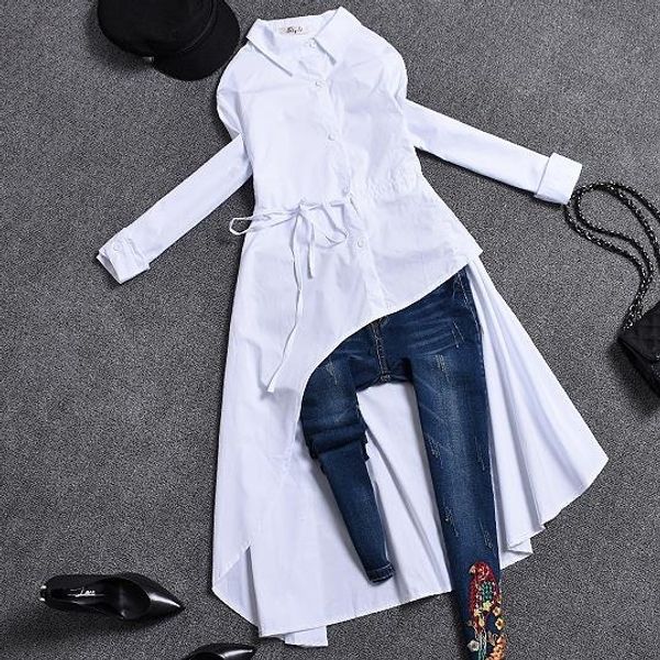 

ladies blouse women 2019 spring autumn women long sleeve irregular blouse turn down collar plus size women long shirt, White