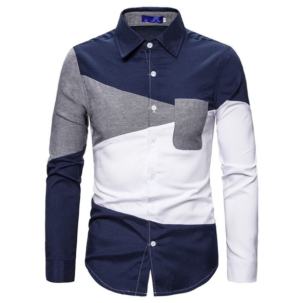 

2019 spring autumn features shirts men casual shirt long sleeve casual slim fit male shirts pocket front color block shirt men, White;black