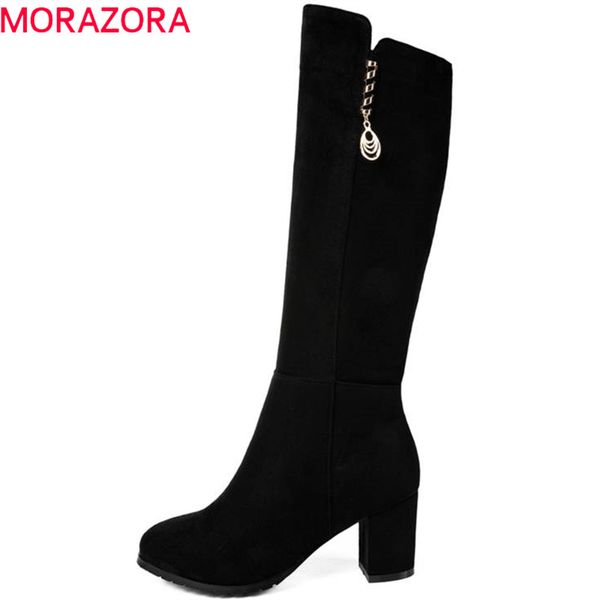 

morazora 2020 new arrive knee high boots women round toe autumn winter boots simple zipper fashion high heels shoes woman, Black