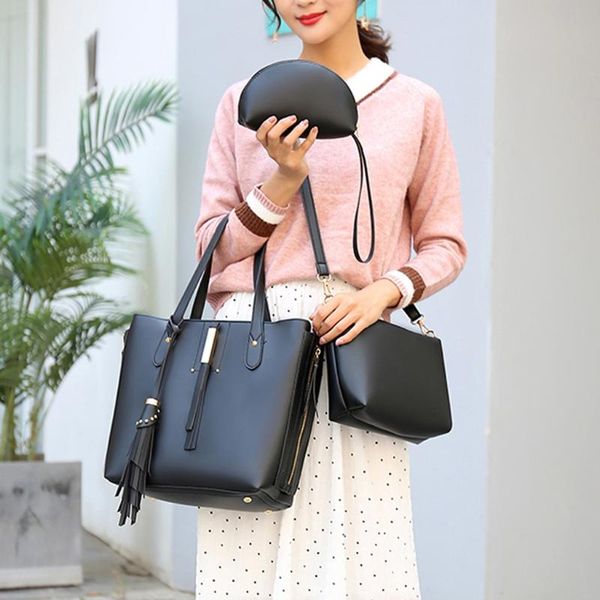 

women's bag pure color pu tassel waterproof shoulder bag three-piece set large capacity handbag shoulder casual crossbody