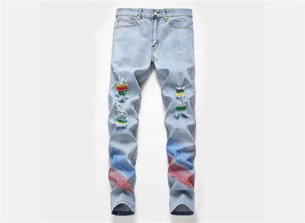 

Mens Striped Printed Ripped Jeans Fashion Designer Summer Zipper Casual Pencil Pants Mid Waist Jeans Mens Pants