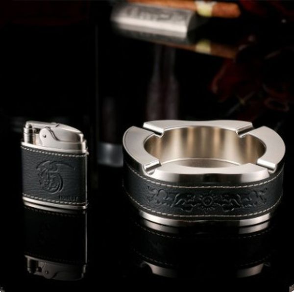 

deluxe oval gold and silver ashtray real leather metal ashtray smoking office table table inflatable windproof lighter